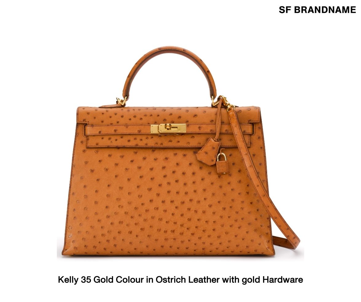 Kelly 35 Gold Colour in Ostrich Leather with gold Hardware
