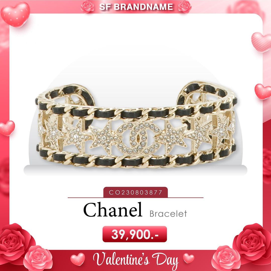 Chanel Cocomark Star Rhinestone Chain B23C GP Leather Women's Bangle Black x Gold